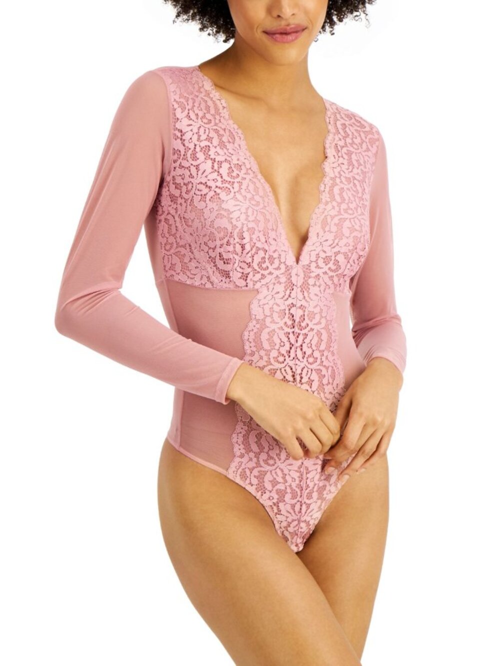 INC International Concepts Womens Intimate Not So Basic Long Sleeve Lace Mesh Bo